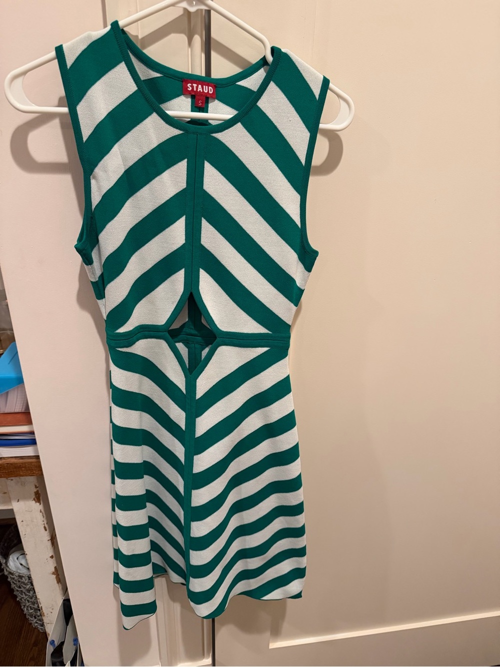STAUD Emerald and White Striped Cutout A-Line Mini Dress